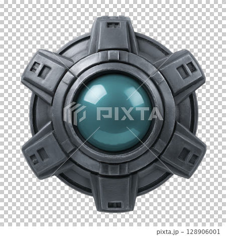 Futuristic, metallic device with central blue orb and geometric design, resembling sci fi gadget or control mechanism. sleek, industrial look suggests advanced technology 128906001