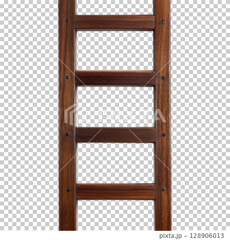 Wooden ladder with rich brown finish stands upright, showcasing its sturdy construction and smooth texture. ladder rungs are evenly spaced, providing classic and functional design 128906013