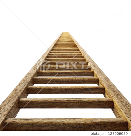 Wooden ladder extends upwards into sky, symbolizing ambition and growth. perspective creates sense of endless possibilities and upward movement 128906029