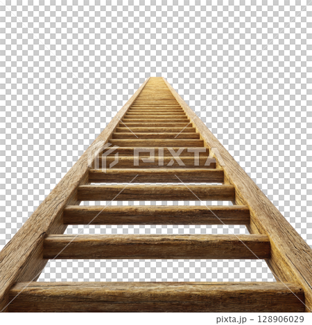 Wooden ladder extends upwards into sky, symbolizing ambition and growth. perspective creates sense of endless possibilities and upward movement 128906029
