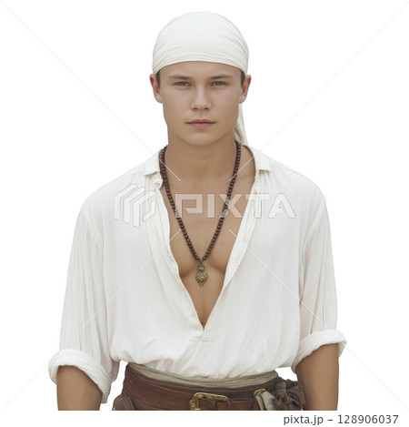 Young man dressed as pirate with white shirt and headscarf, wearing beaded necklace, exudes confident and adventurous aura 128906037