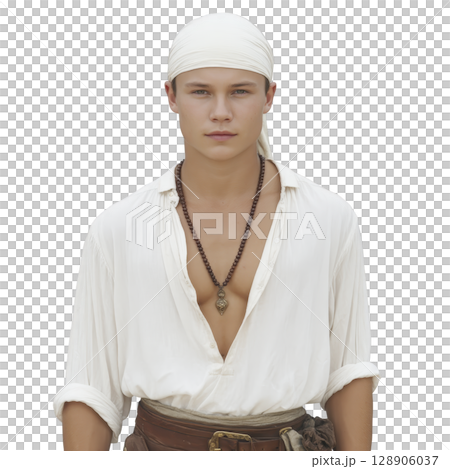 Young man dressed as pirate with white shirt and headscarf, wearing beaded necklace, exudes confident and adventurous aura 128906037