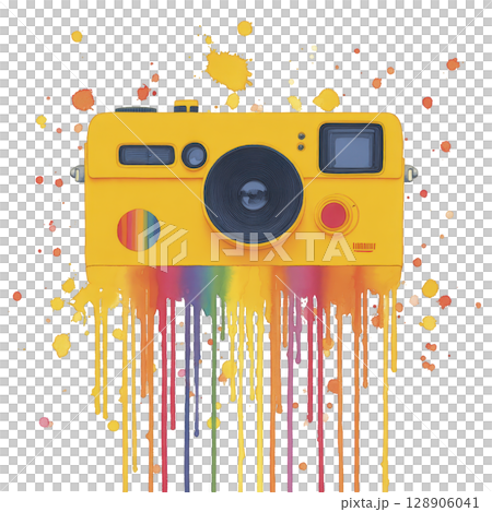 Vibrant yellow camera with rainbow paint splashes and drips creates dynamic and artistic effect. colorful design adds playful and creative touch to image 128906041