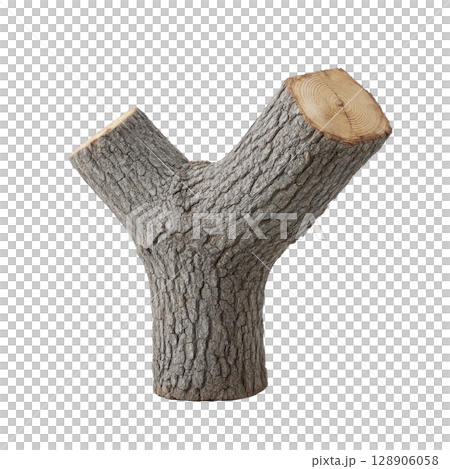 Y shaped tree branch with rough bark and smooth cut ends, isolated on transparency background. natural texture and unique shape make it ideal for woodworking or decorative purposes 128906058