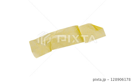 Yellow painter's tape isolated on white background, macro. Torn, crumpled, twisted strips of yellow painter's tape on white background Yellow painter's tape isolated on white background, macro. Torn, crumpled, twisted strips of yellow painter's tape on white background 128906178