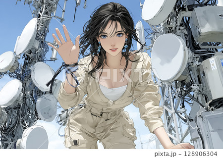 電波塔の保守点検をする女性のイラスト素材 電波塔の保守点検をする女性のイラスト素材 128906304