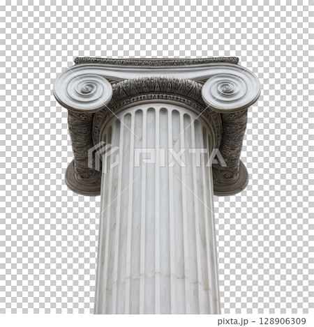 Classical Ionic column with intricate scrollwork and fluted design, showcasing ancient architectural elegance and historical craftsmanship 128906309