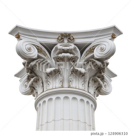Detailed view of classical Corinthian column capital, showcasing intricate acanthus leaf carvings and scrolls, symbolizing elegance and architectural grandeur 128906310