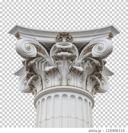Detailed view of classical Corinthian column capital, showcasing intricate acanthus leaf carvings and scrolls, symbolizing elegance and architectural grandeur 128906310