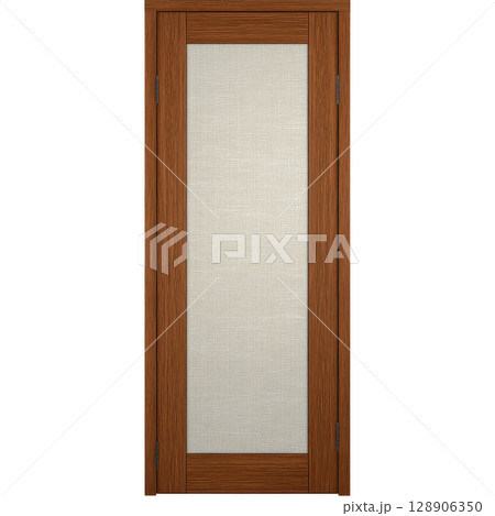 Wooden door with frosted glass panel in center, featuring warm brown finish and vertical grain pattern, suitable for interior use 128906350