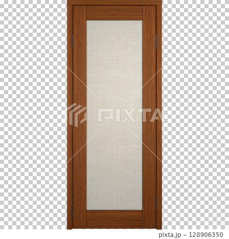 Wooden door with frosted glass panel in center, featuring warm brown finish and vertical grain pattern, suitable for interior use 128906350