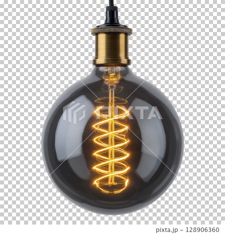 Glowing vintage style light bulb with visible filament creates warm and inviting atmosphere. round glass design and intricate filament pattern add touch of elegance and nostalgia 128906360