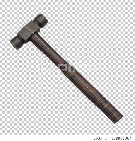 Vintage double headed hammer with wooden handle and metal heads, showcasing rustic and antique design. tool appears well crafted, ideal for display or collection 128906364