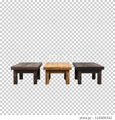 Three rustic wooden benches in varying shades of brown are arranged side by side, showcasing simple and sturdy design. benches have natural finish, highlighting wood grain 128906382