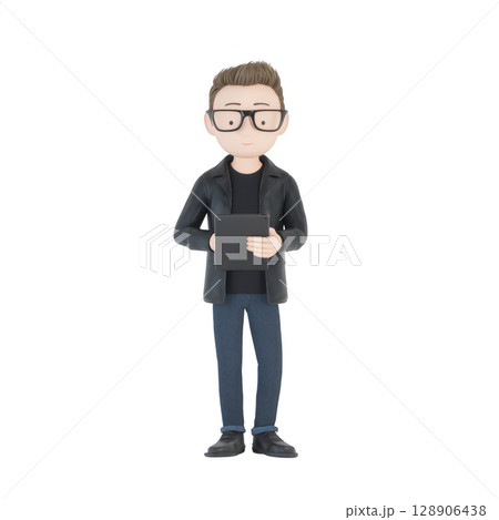 3D illustration of person with glasses holding tablet, wearing black jacket and jeans, standing confidently. character has modern, casual style and focused expression 3D illustration of person with glasses holding tablet, wearing black jacket and jeans, standing confidently. character has modern, casual style and focused expression 128906438