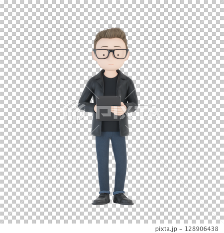 3D illustration of person with glasses holding tablet, wearing black jacket and jeans, standing confidently. character has modern, casual style and focused expression 3D illustration of person with glasses holding tablet, wearing black jacket and jeans, standing confidently. character has modern, casual style and focused expression 128906438