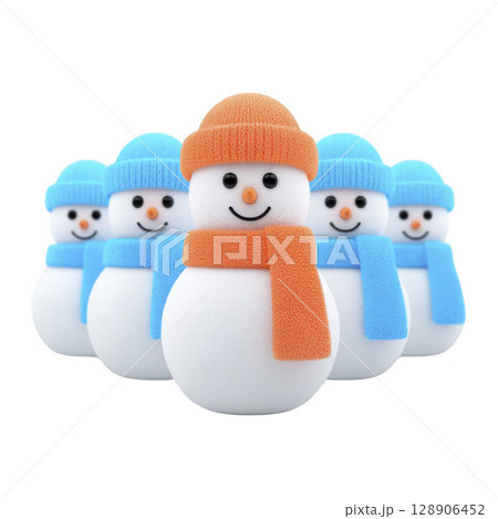 Group of cheerful snowmen wearing colorful hats and scarves stand together, creating festive and joyful winter scene. snowmen bright accessories add playful touch to image 128906452