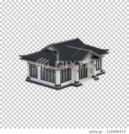 Modern single story house with dark gray gabled roof and large windows, featuring minimalist design and white exterior walls. structure exudes contemporary and elegant style 128906453