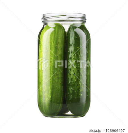 Glass jar filled with fresh, whole pickles, showcasing their vibrant green color and bumpy texture. jar is sealed, preserving pickles crispness and flavor Glass jar filled with fresh, whole pickles, showcasing their vibrant green color and bumpy texture. jar is sealed, preserving pickles crispness and flavor 128906497