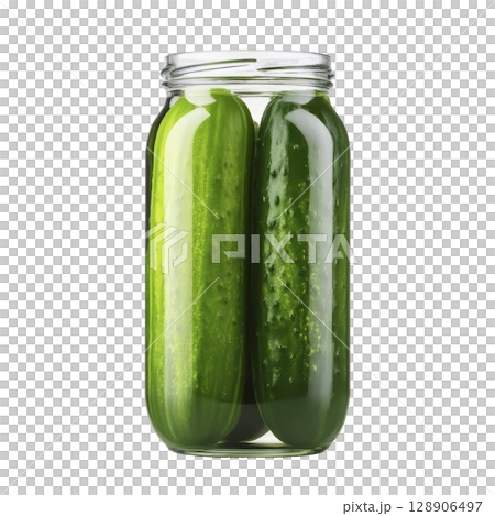 Glass jar filled with fresh, whole pickles, showcasing their vibrant green color and bumpy texture. jar is sealed, preserving pickles crispness and flavor Glass jar filled with fresh, whole pickles, showcasing their vibrant green color and bumpy texture. jar is sealed, preserving pickles crispness and flavor 128906497