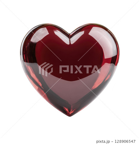 Shiny red glass heart with reflective surface, symbolizing love and romance. heart is isolated on transparency background, emphasizing its glossy texture and vibrant color 128906547