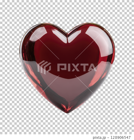 Shiny red glass heart with reflective surface, symbolizing love and romance. heart is isolated on transparency background, emphasizing its glossy texture and vibrant color 128906547