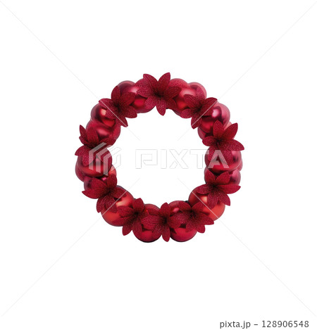 Vibrant wreath made of red strawberries and apples arranged in circular pattern, creating festive and fresh appearance. combination of fruits adds natural and colorful touch 128906548