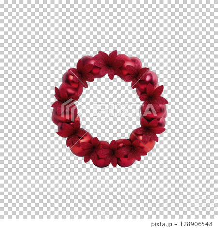 Vibrant wreath made of red strawberries and apples arranged in circular pattern, creating festive and fresh appearance. combination of fruits adds natural and colorful touch 128906548