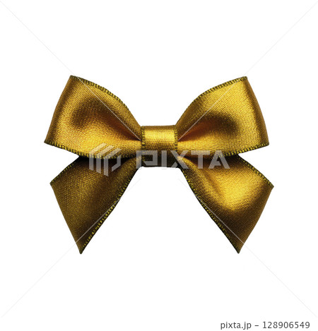 Shiny golden bow with satin texture is displayed against plain background, showcasing its elegant and decorative appeal 128906549