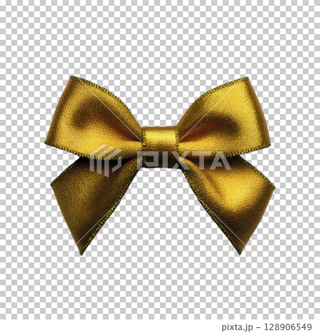 Shiny golden bow with satin texture is displayed against plain background, showcasing its elegant and decorative appeal 128906549