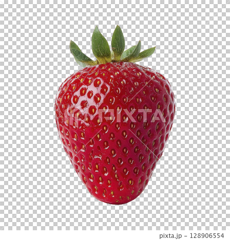 Vibrant red strawberry with glossy surface and green leaves is isolated on transparency background, showcasing its freshness and natural appeal Vibrant red strawberry with glossy surface and green leaves is isolated on transparency background, showcasing its freshness and natural appeal 128906554