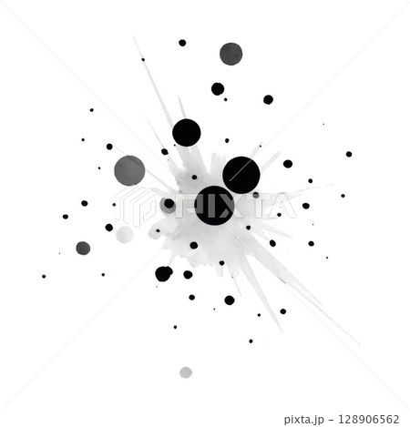 Dynamic black and white ink splatter with various sized droplets on transparent background, creating abstract and artistic effect 128906562