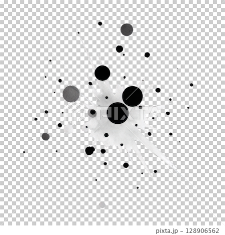 Dynamic black and white ink splatter with various sized droplets on transparent background, creating abstract and artistic effect 128906562