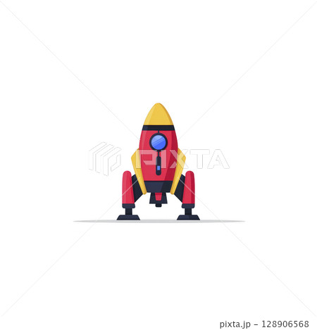 Colorful cartoon rocket ship with yellow top and red body stands upright, ready for launch against plain background. design is simple and playful, evoking sense of adventure 128906568