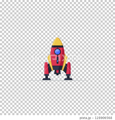 Colorful cartoon rocket ship with yellow top and red body stands upright, ready for launch against plain background. design is simple and playful, evoking sense of adventure 128906568