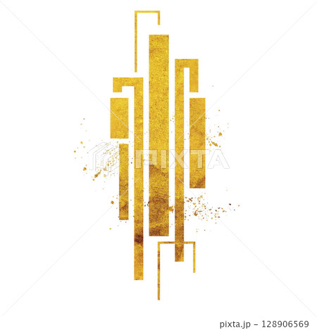 This features gold geometric design with vertical and horizontal lines, resembling abstract art deco pattern. gold elements are set against transparency background, creating striking contrast 128906569