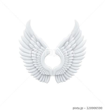 White angel wings with detailed feathers on transparent background, symbolizing purity and freedom. wings are symmetrical and appear soft and ethereal, evoking sense of peace and grace 128906590