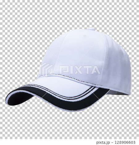 White baseball cap with black accents on brim, showcasing simple and sporty design. cap is made of fabric and features curved visor, suitable for casual wear 128906603