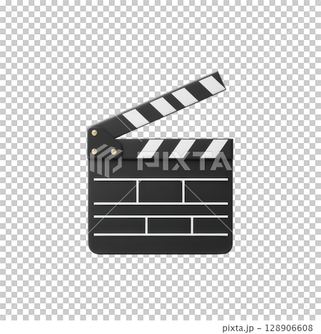 Classic black and white film clapperboard with striped top is shown, often used in movie production to mark scenes. clapperboard is open, displaying its iconic design 128906608