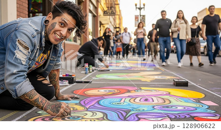 街を彩るチョークアーティスト 128906622