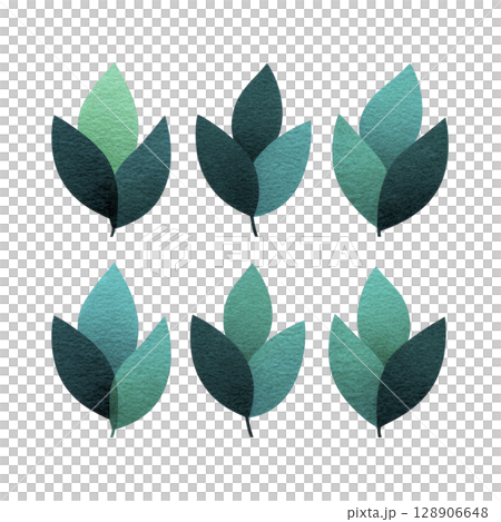 Six stylized green leaves arranged in two rows create harmonious pattern, showcasing blend of teal and dark green shades. watercolor texture adds natural and artistic touch 128906648