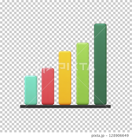 Colorful 3D bar chart with five vertical bars varying heights, each different colors, represents data visualization and growth. bars are arranged from shortest to tallest, symbolizing progress 128906649