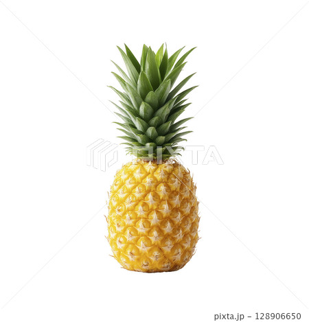 Ripe pineapple with vibrant yellow skin and lush green leaves stands against transparency background, showcasing its tropical allure and fresh appearance Ripe pineapple with vibrant yellow skin and lush green leaves stands against transparency background, showcasing its tropical allure and fresh appearance 128906650