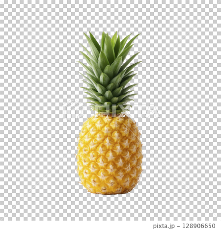 Ripe pineapple with vibrant yellow skin and lush green leaves stands against transparency background, showcasing its tropical allure and fresh appearance Ripe pineapple with vibrant yellow skin and lush green leaves stands against transparency background, showcasing its tropical allure and fresh appearance 128906650