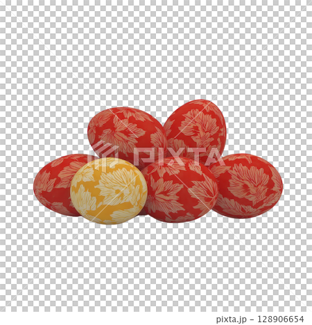 Collection of decorative eggs with intricate floral patterns in red and yellow hues, creating vibrant and festive display. design is elegant and suitable for various celebrations 128906654