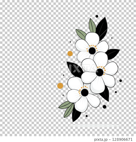 White flowers with black centers and green leaves are arranged vertically, accented by small orange dots, creating simple and elegant floral design White flowers with black centers and green leaves are arranged vertically, accented by small orange dots, creating simple and elegant floral design 128906671