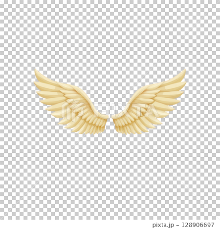 Golden angel wings with soft glow, symbolizing freedom and spirituality. wings are detailed with layered feathers, creating sense of movement and grace 128906697