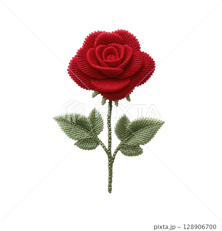 Vibrant red embroidered rose with green leaves is depicted on transparency background, showcasing intricate stitching and texture. design is elegant and detailed, highlighting beauty of rose 128906700