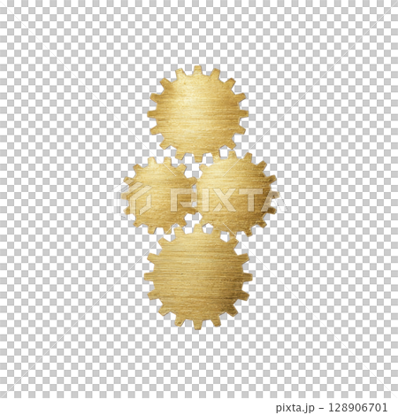 Four interconnected golden gears on transparency background symbolize teamwork and precision. metallic texture adds luxurious feel, highlighting concept of mechanical efficiency and collaboration 128906701