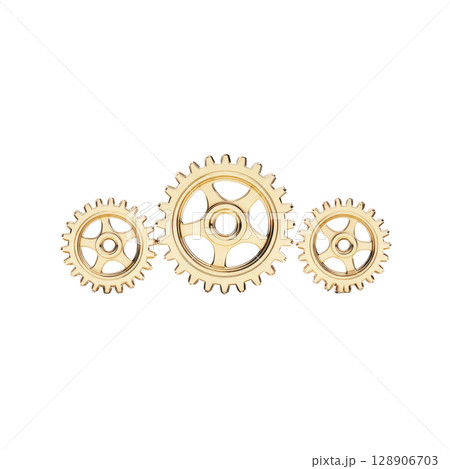 Three interconnected golden gears transparency background symbolize teamwork and mechanical precision. shiny metallic finish highlights their industrial design, evoking sense of efficiency 128906703